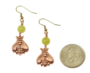 2 of 6: Size of Copper Honey Bee Drop Earrings With Serpentine compared to US Quarter Coin
