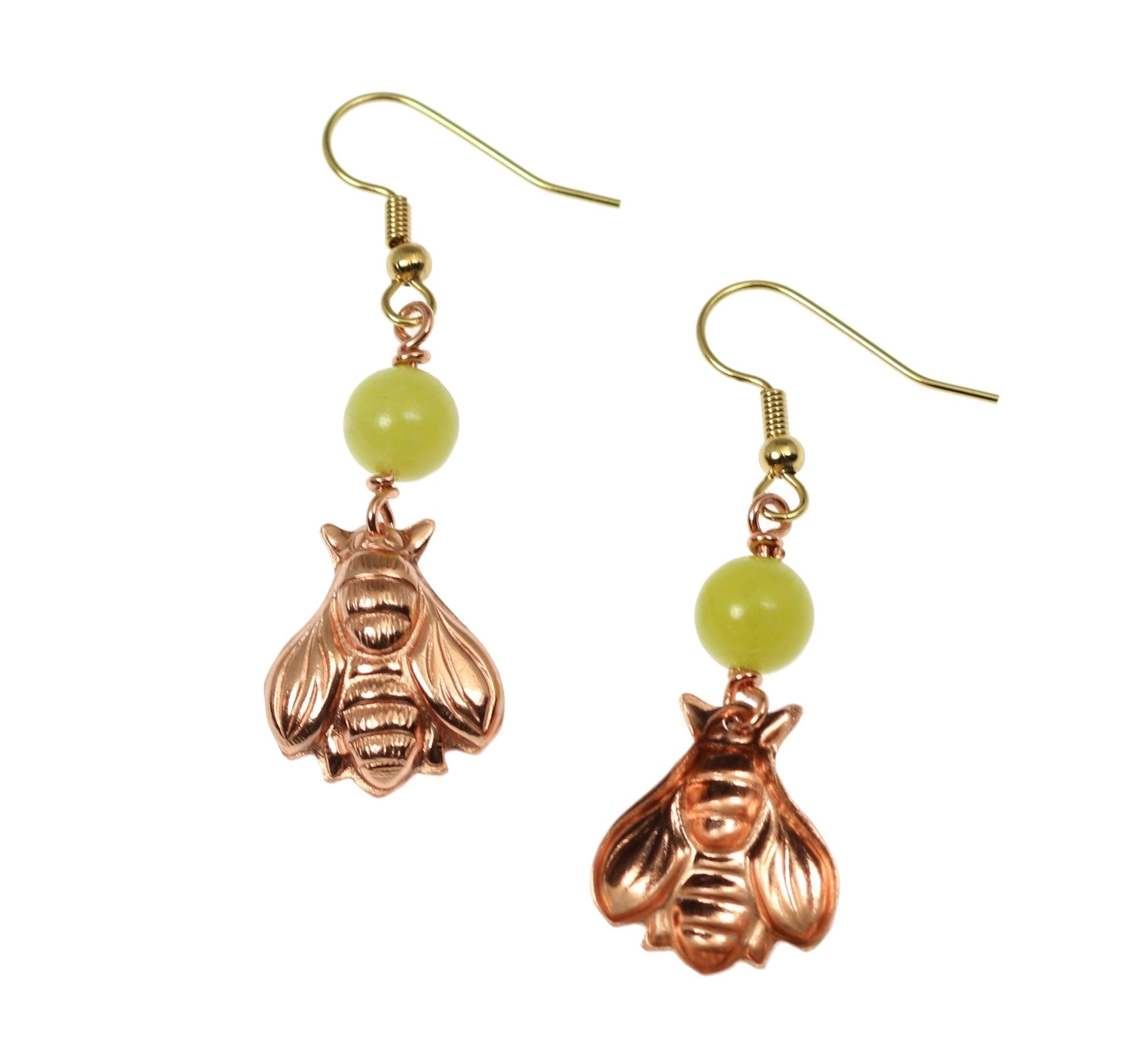 Front and Back Views of Copper Honey Bee Drop Earrings With Serpentine
