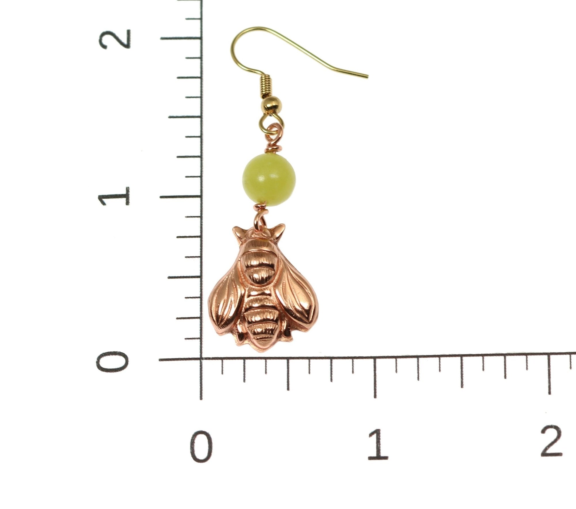 Scale of Copper Honey Bee Drop Earrings With Serpentine on Ruler for Size Dimensions