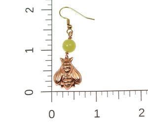 3 of 6: Scale of Copper Honey Bee Drop Earrings With Serpentine on Ruler for Size Dimensions