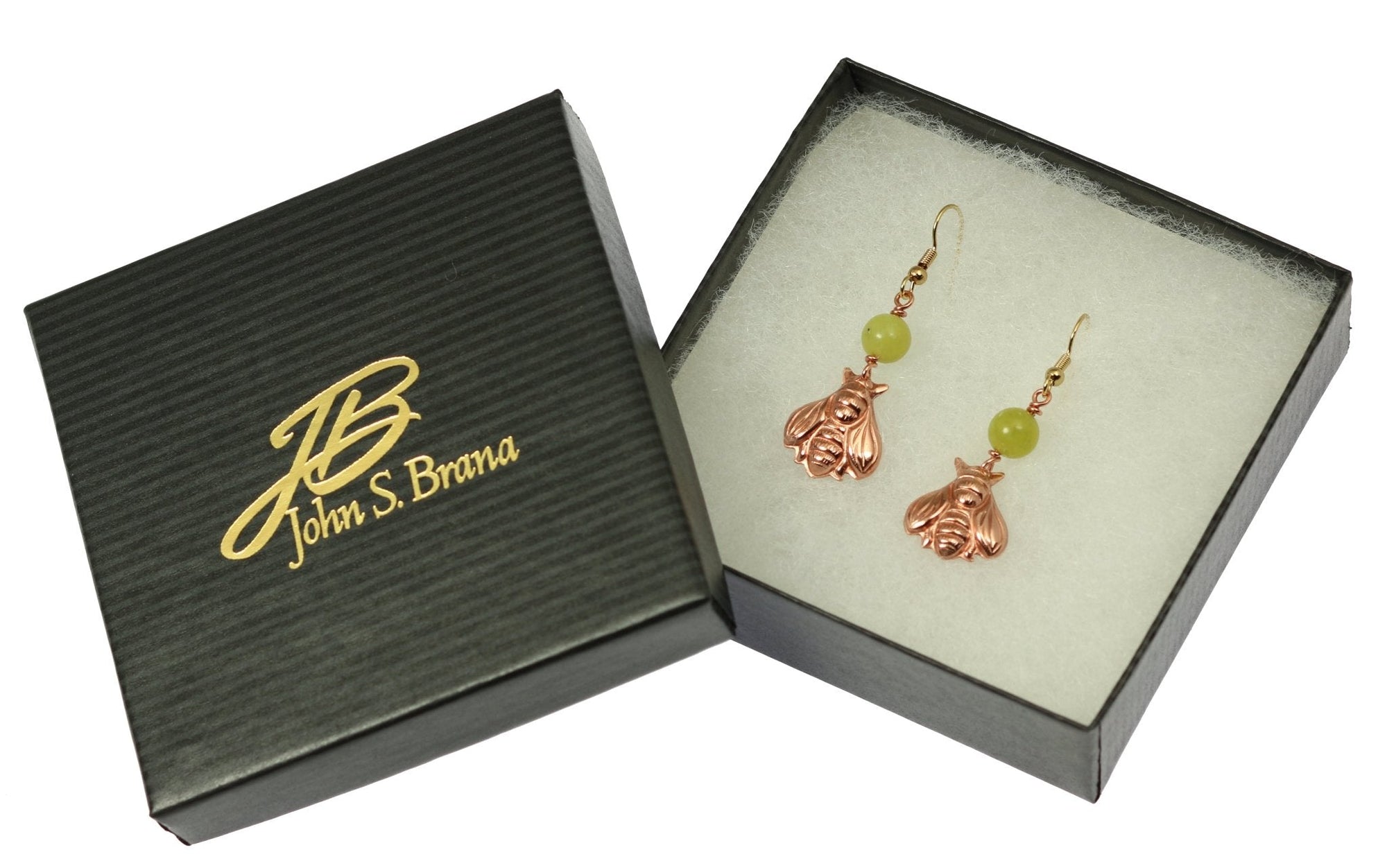 Copper Honey Bee Drop Earrings With Serpentine in Gift Box