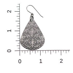 3 of 6: Scale of Damask Embossed Aluminum Teardrop Earrings on a Ruler for Size Dimensions