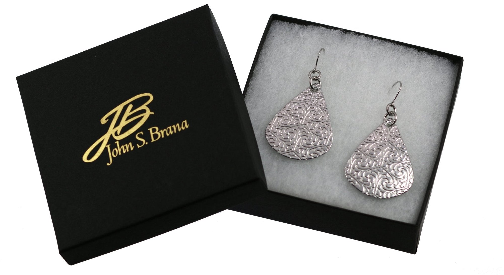 Gift Boxed Damask Embossed Aluminum Teardrop Earrings