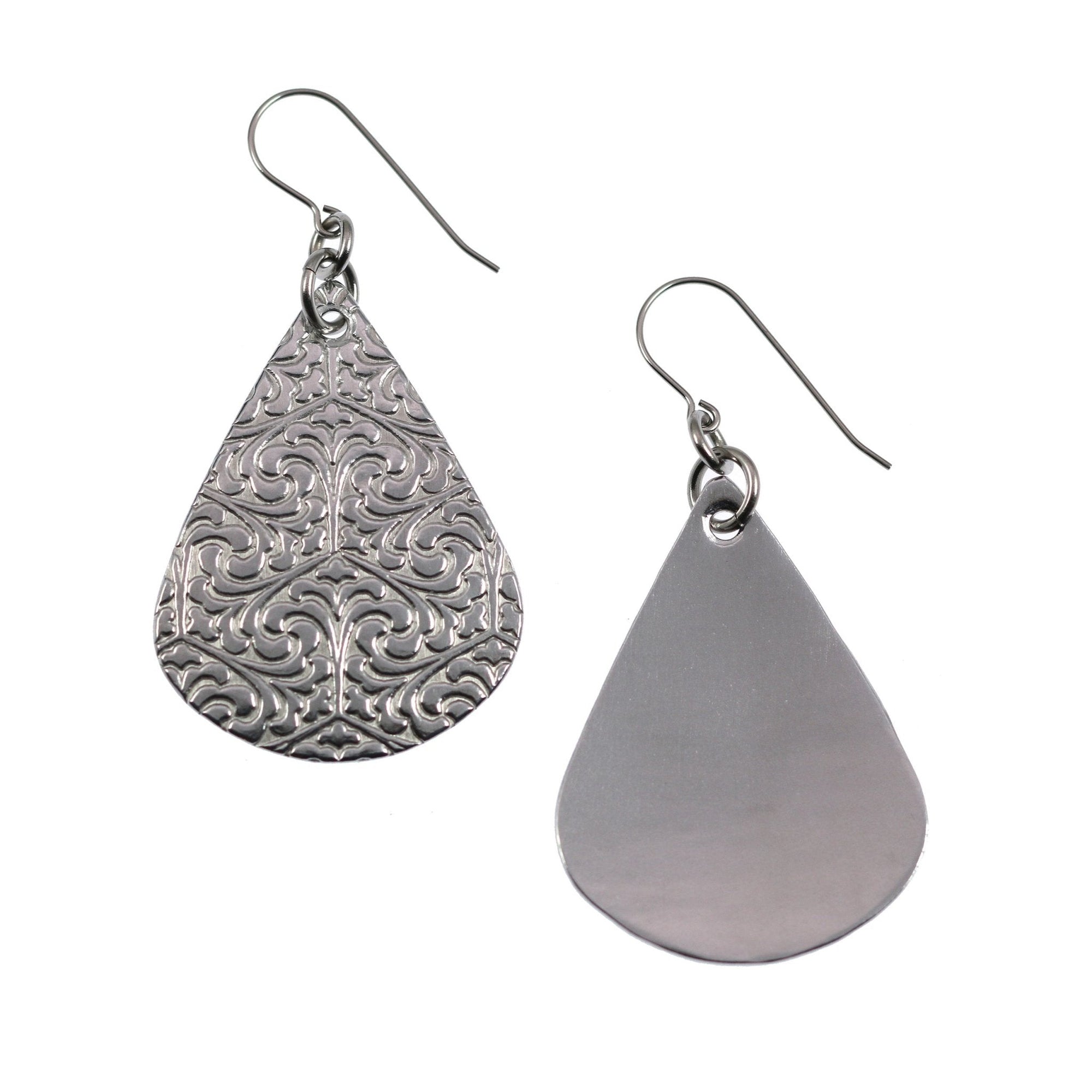 Front and Back Views of Damask Embossed Aluminum Teardrop Earrings