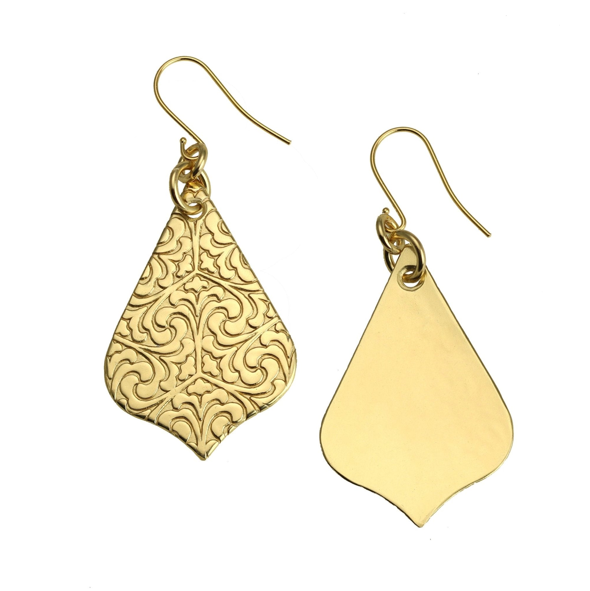 Front and Back Views of Damask Embossed Brass Nu Gold Arabesque Earrings