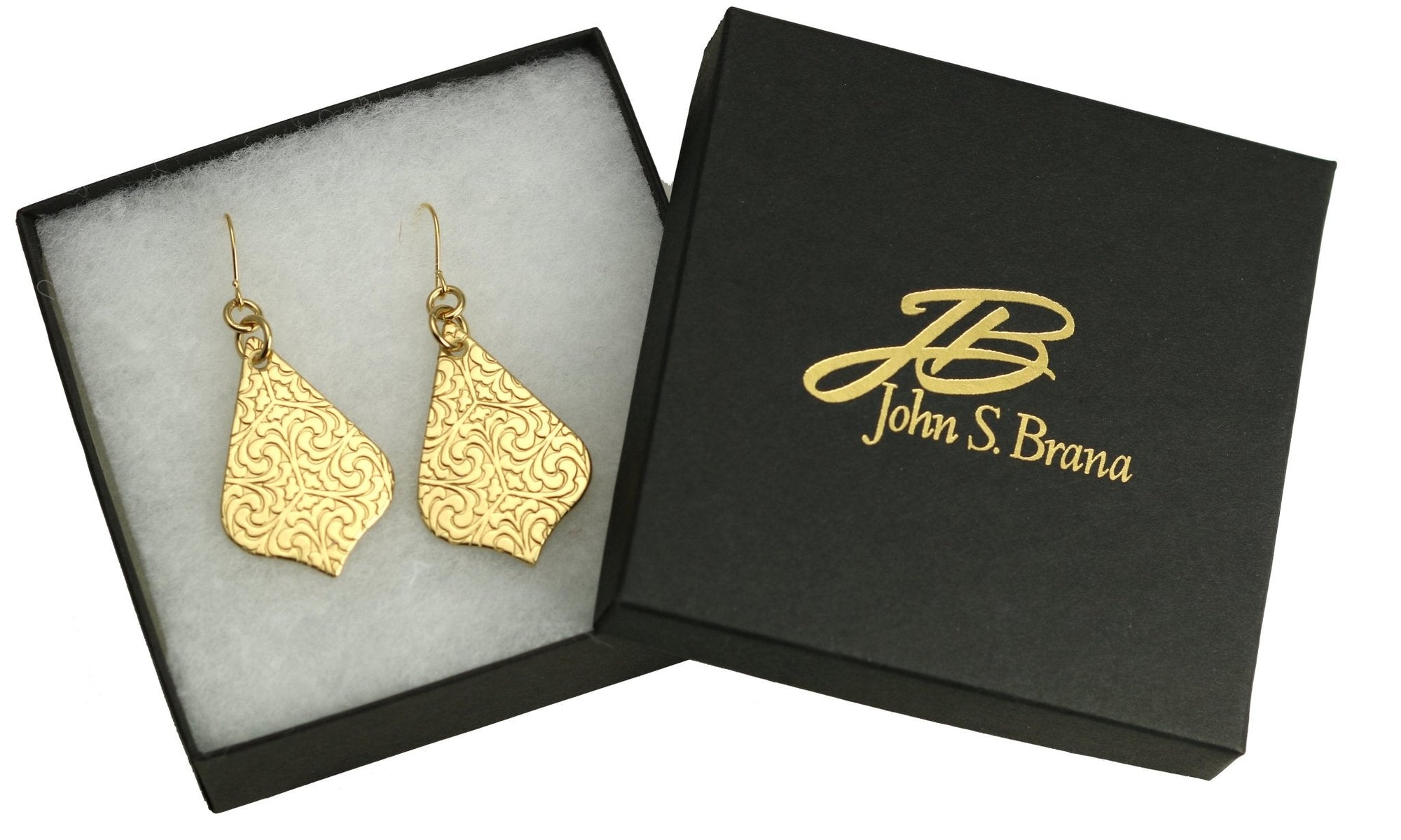 Damask Embossed Brass Nu Gold Arabesque Earrings in Gift Box