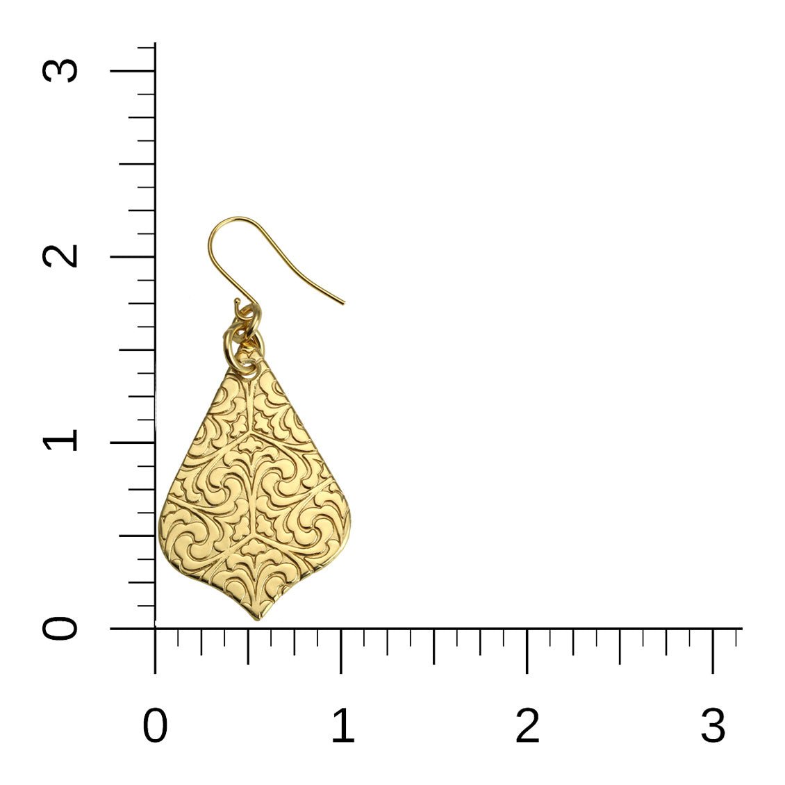 Scale of Damask Embossed Brass Nu Gold Arabesque Earrings on a Ruler for Size Dimensions