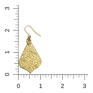 3 of 6: Scale of Damask Embossed Brass Nu Gold Arabesque Earrings on a Ruler for Size Dimensions