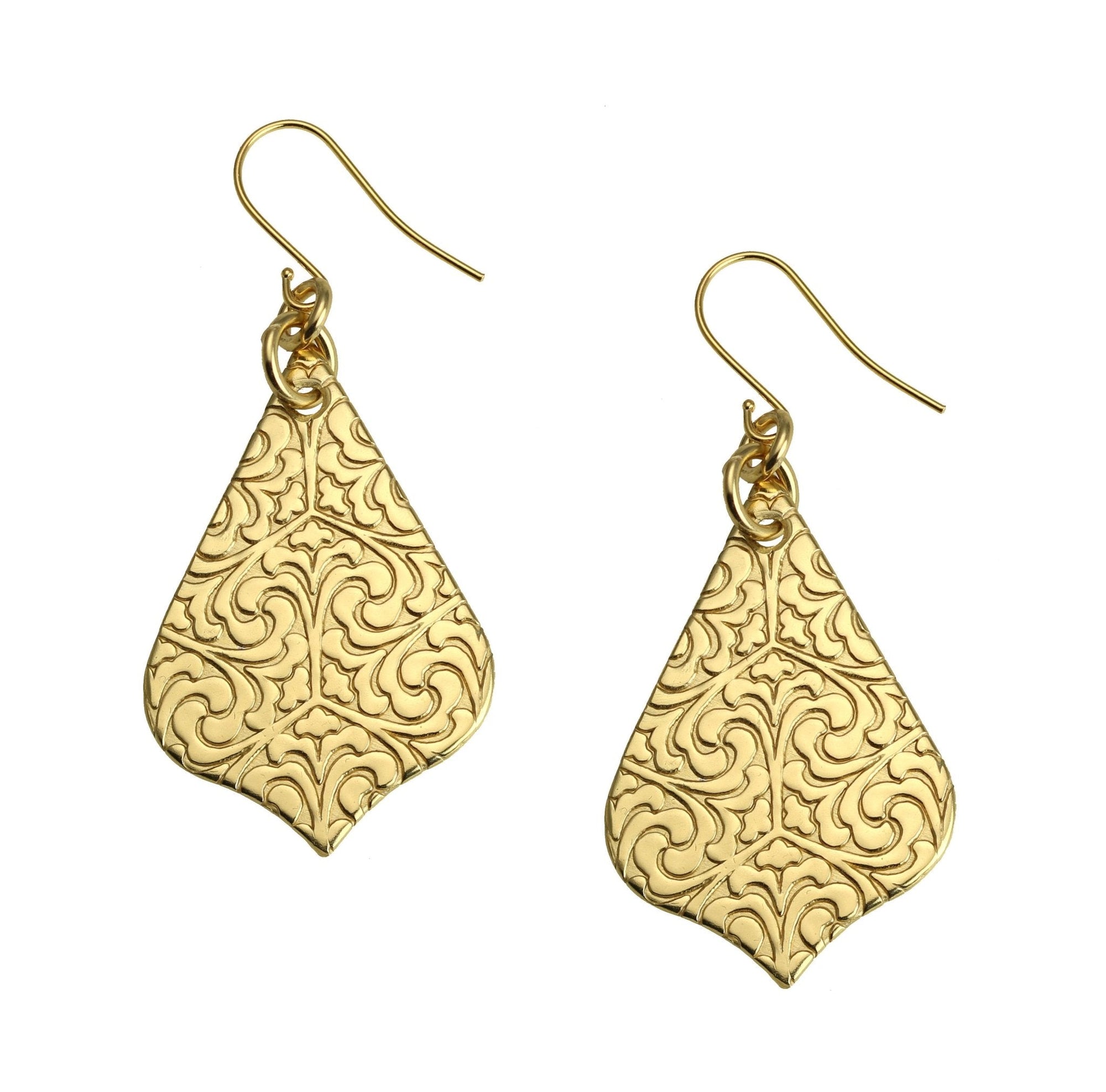 A Pair of Damask Embossed Brass Nu Gold Arabesque Drop Earrings on a White Background