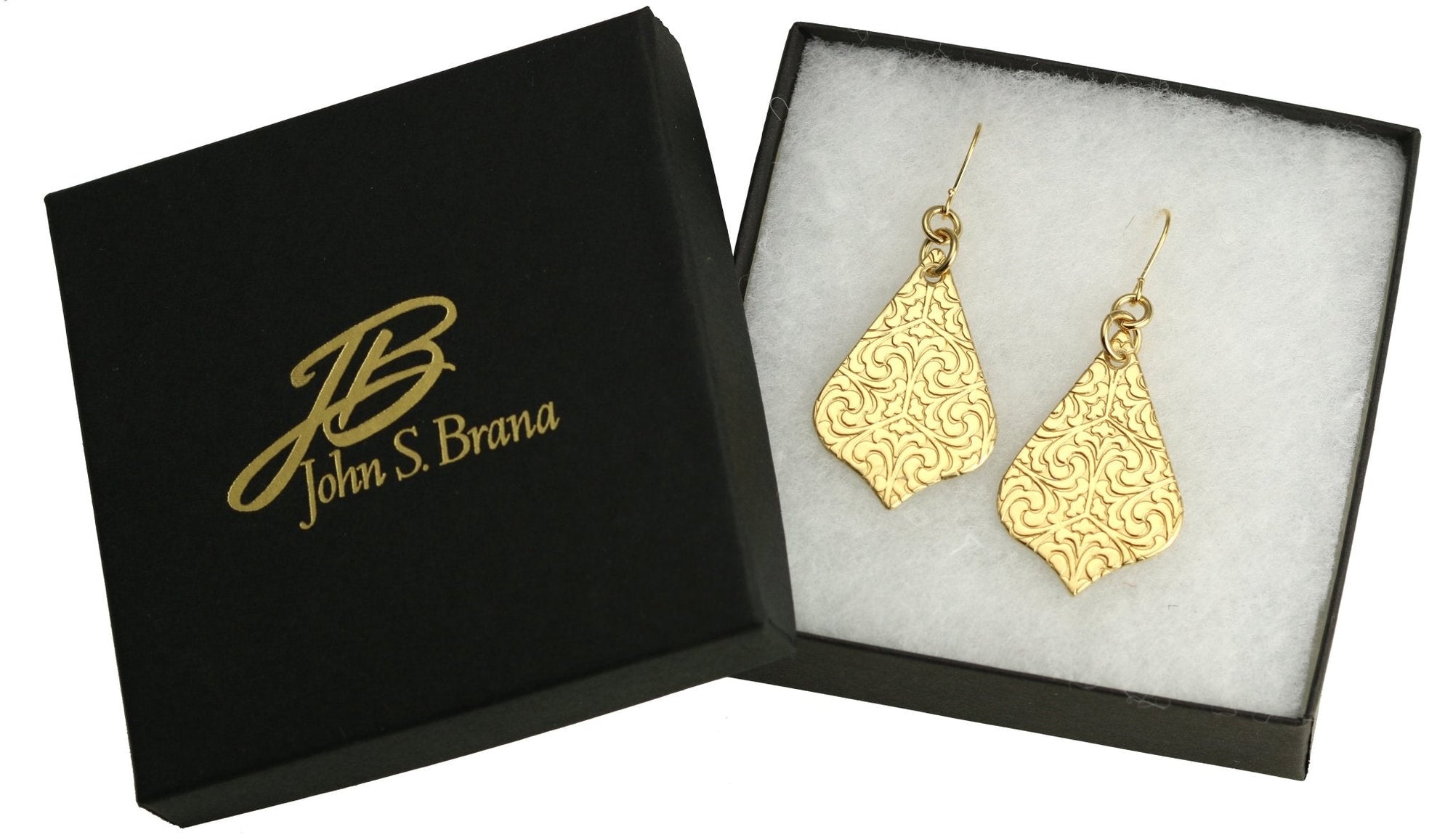 Gift Boxed Damask Embossed Brass Nu Gold Arabesque Earrings