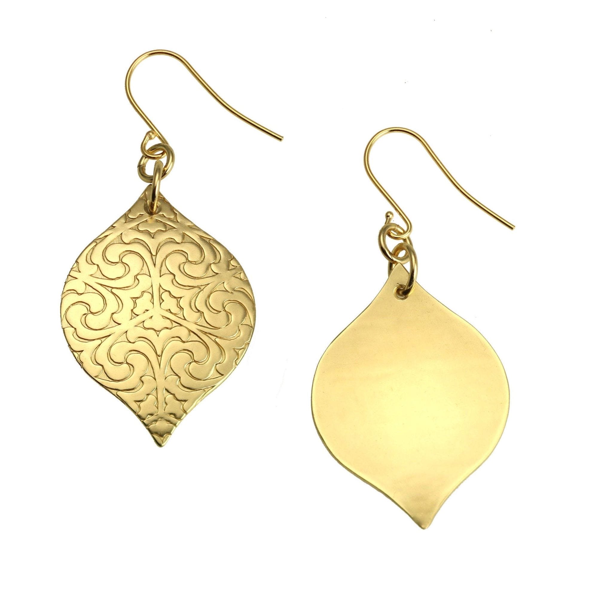 Front and Back Views of Damask Embossed Brass Nu Gold Marrakesh Earrings