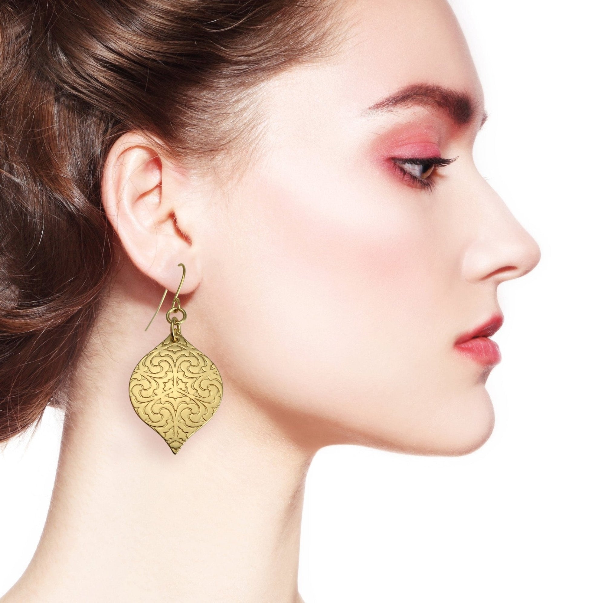 Damask Brass Nu Gold Marrakesh Drop Earrings On Female Model