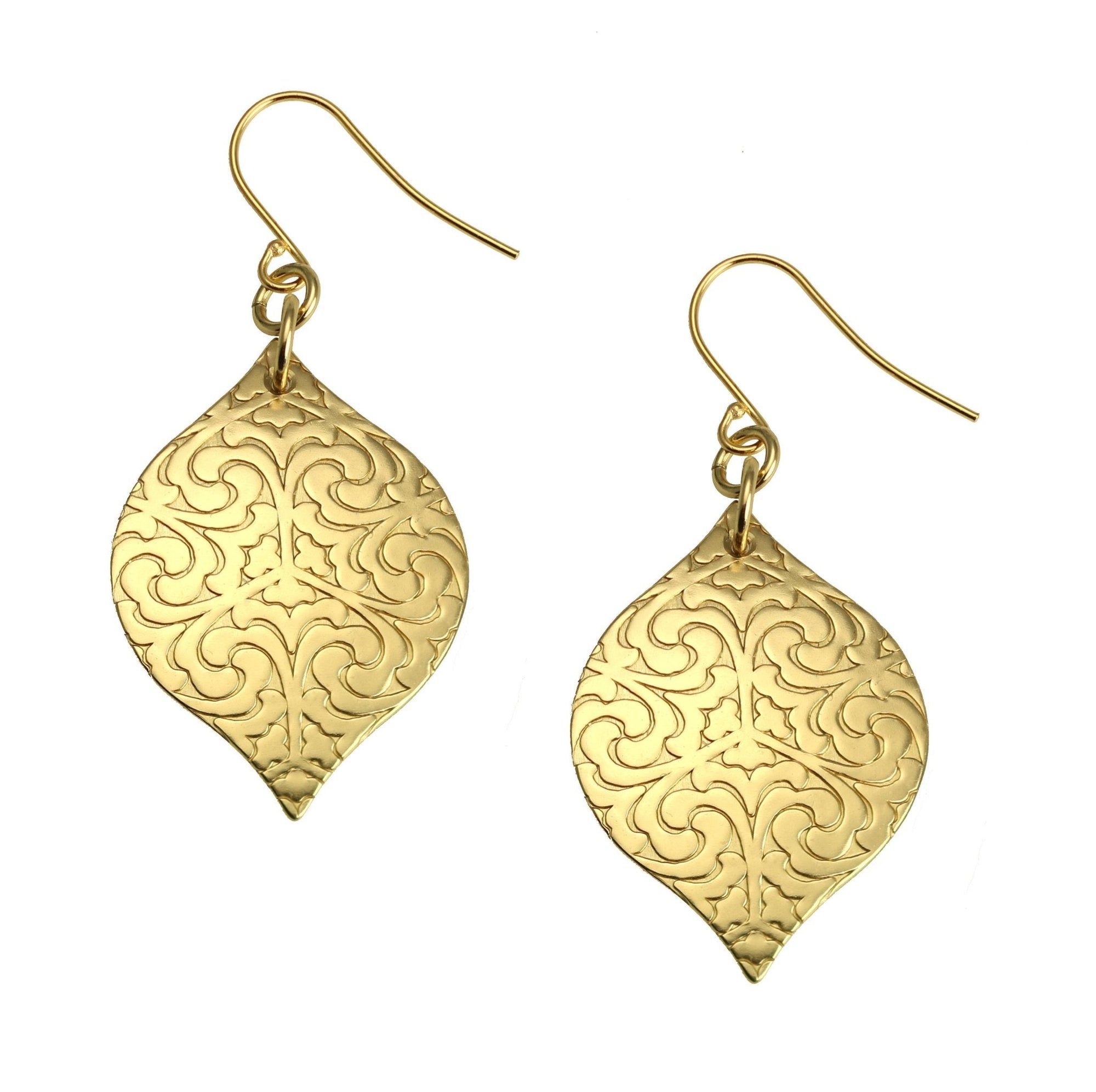 A Pair of Damask Embossed Brass Nu Gold Marrakesh Drop Earrings on a White Background