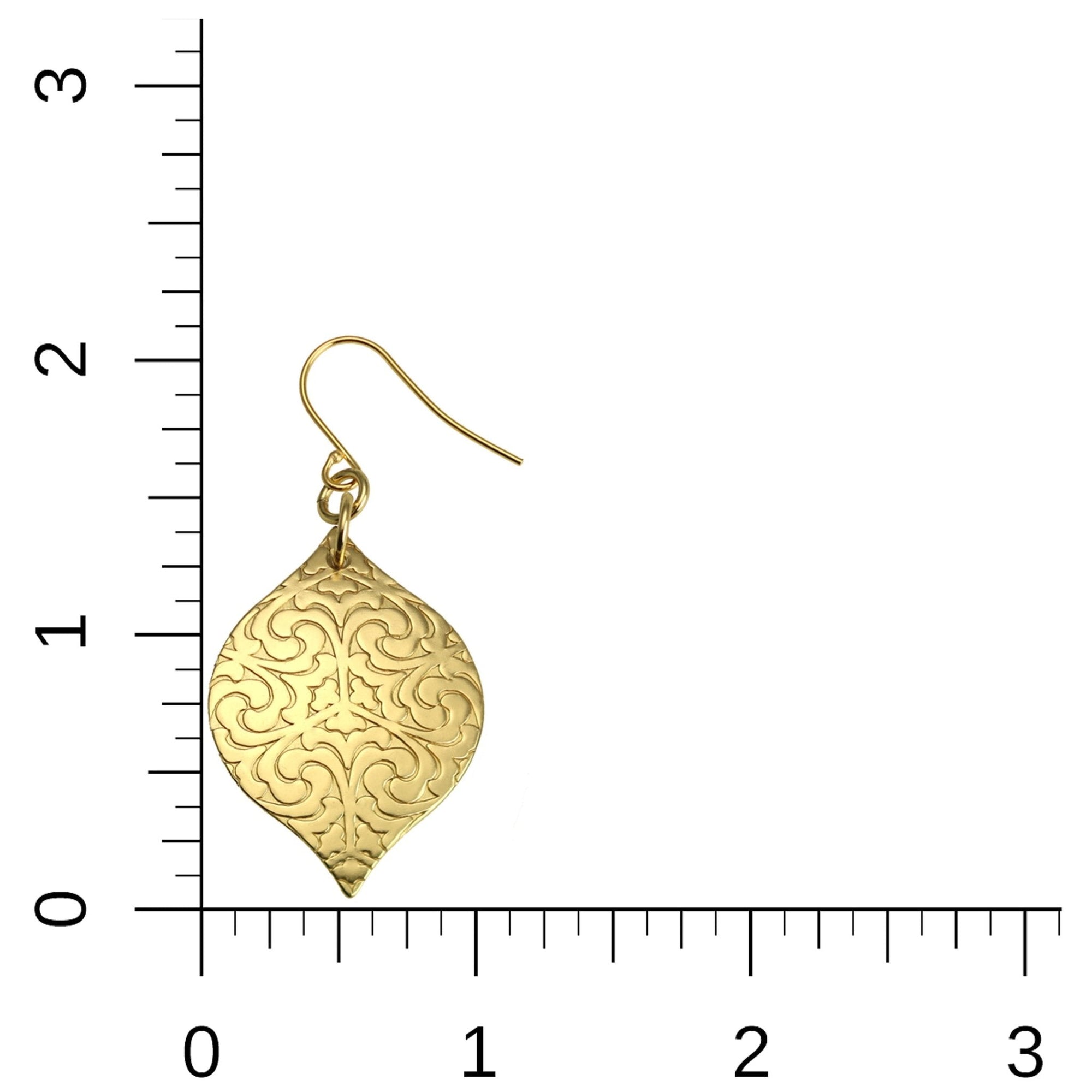 Scale of Damask Embossed Brass Nu Gold Marrakesh Earrings on Ruler for Size Dimensions