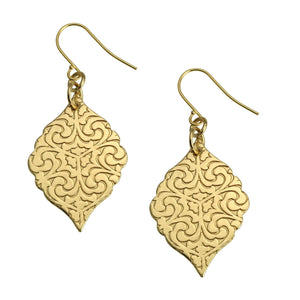 1 of 6: A Pair of Damask Embossed Brass Nu Gold Moroccan Drop Earrings on a White Background