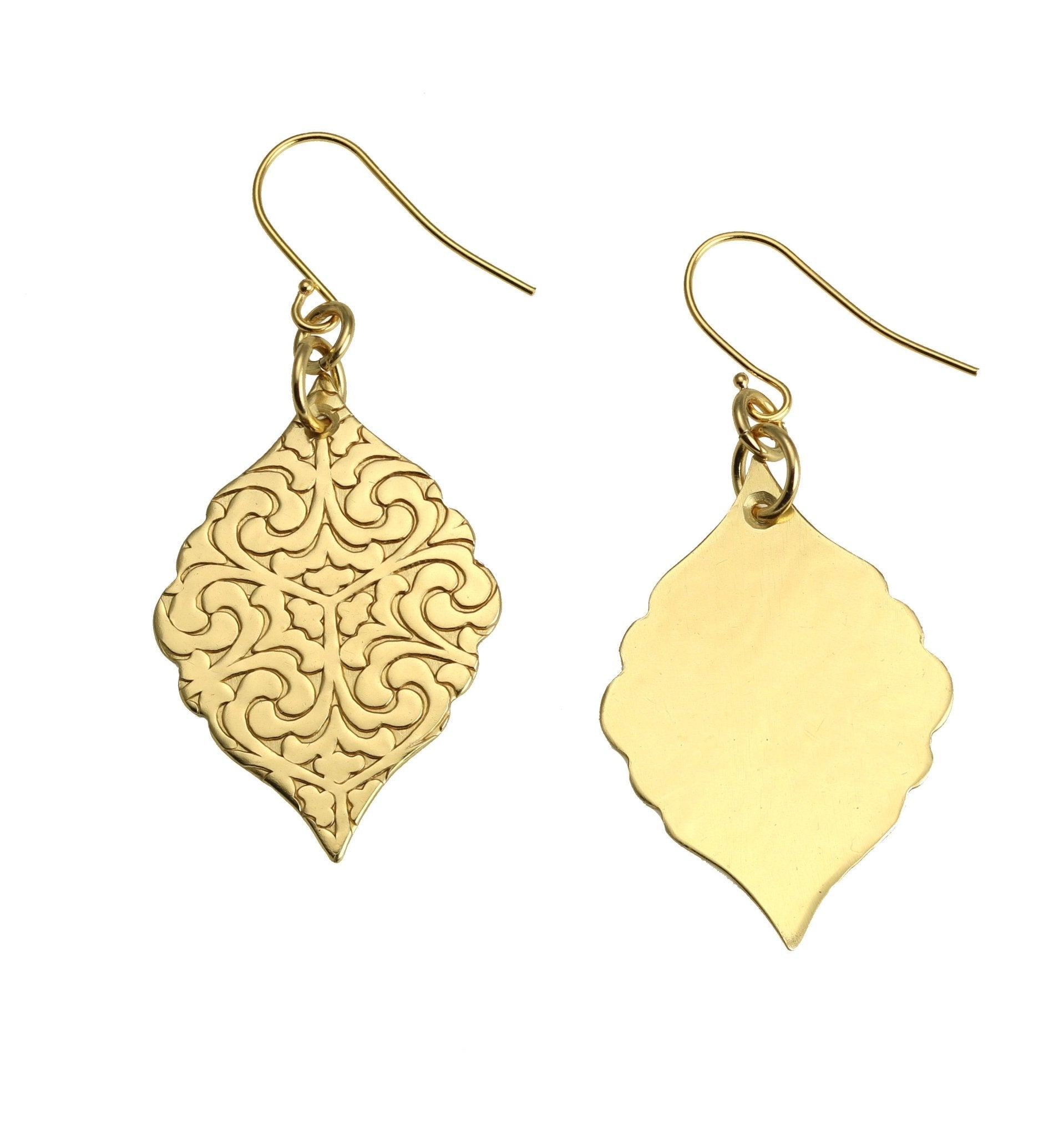 Front and Back Views of Damask Embossed Brass Nu Gold Moroccan Earrings