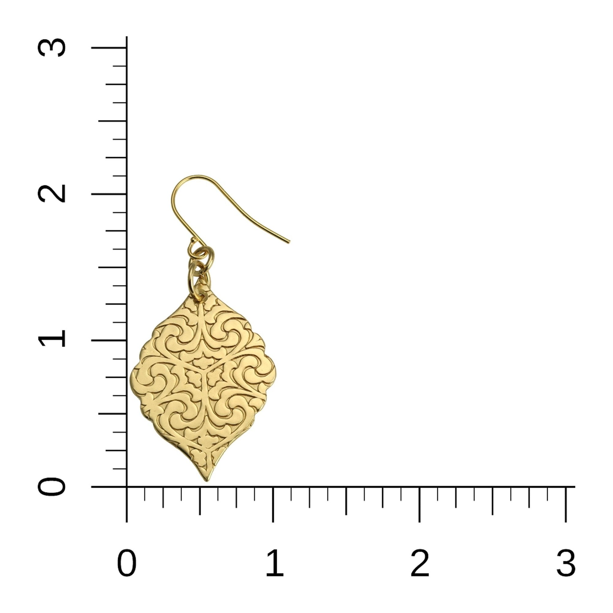 Scale - Damask Embossed Brass Nu Gold Moroccan Drop Earrings on Ruler for Size Dimensions