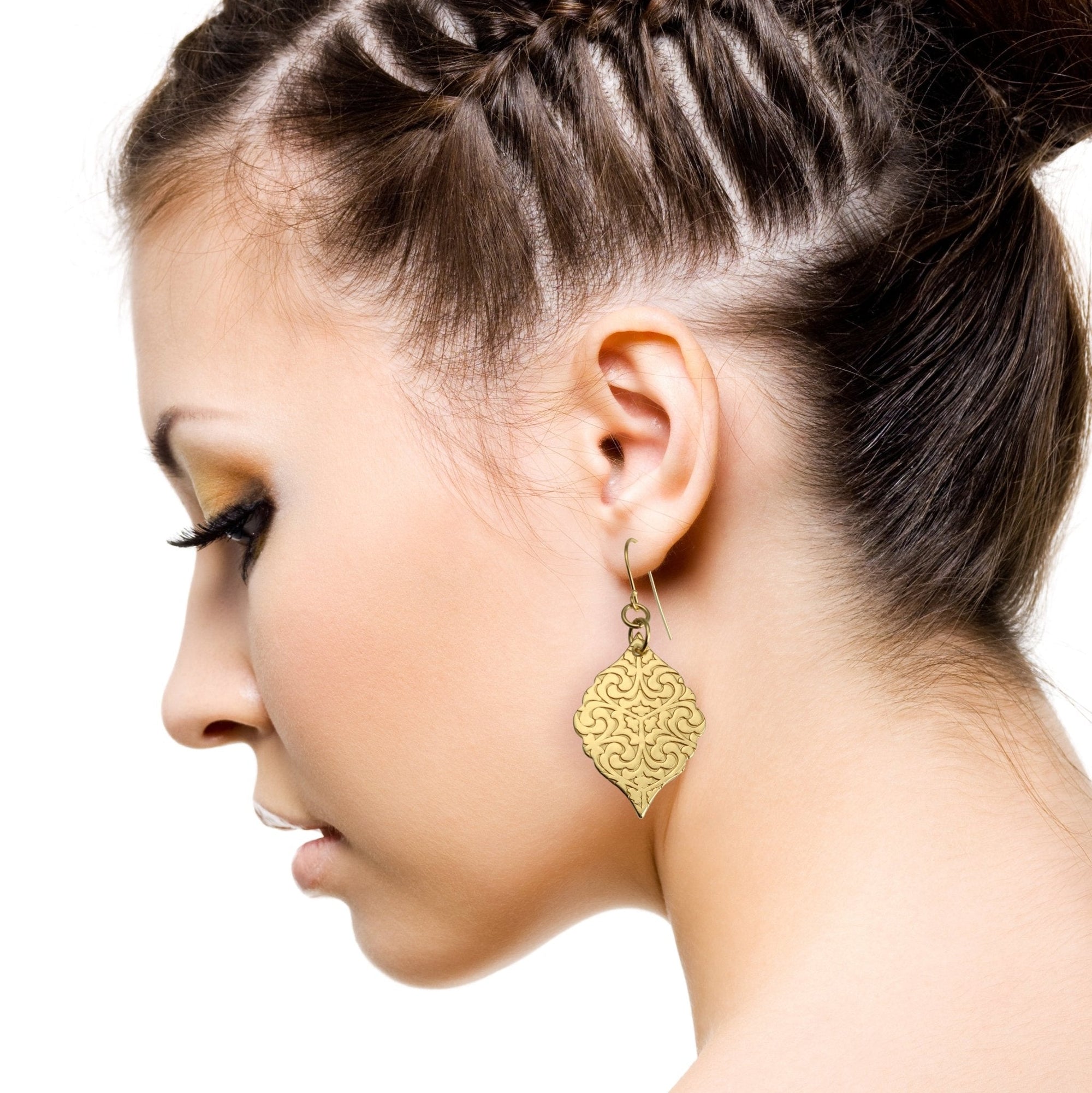 Damask Brass Nu Gold Moroccan Earrings on Female Model