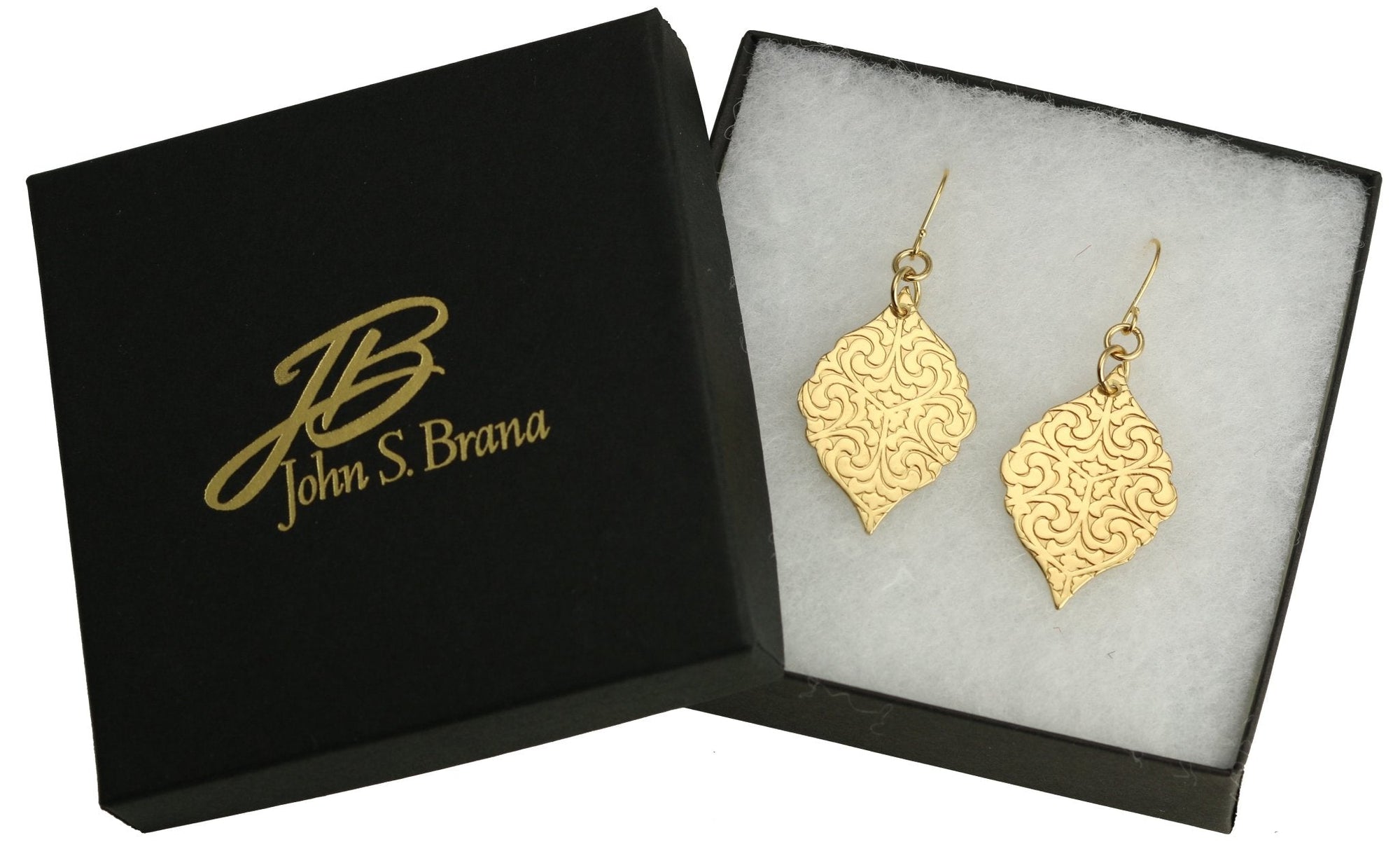 Boxed Damask Embossed Brass Nu Gold Moroccan Drop Earrings