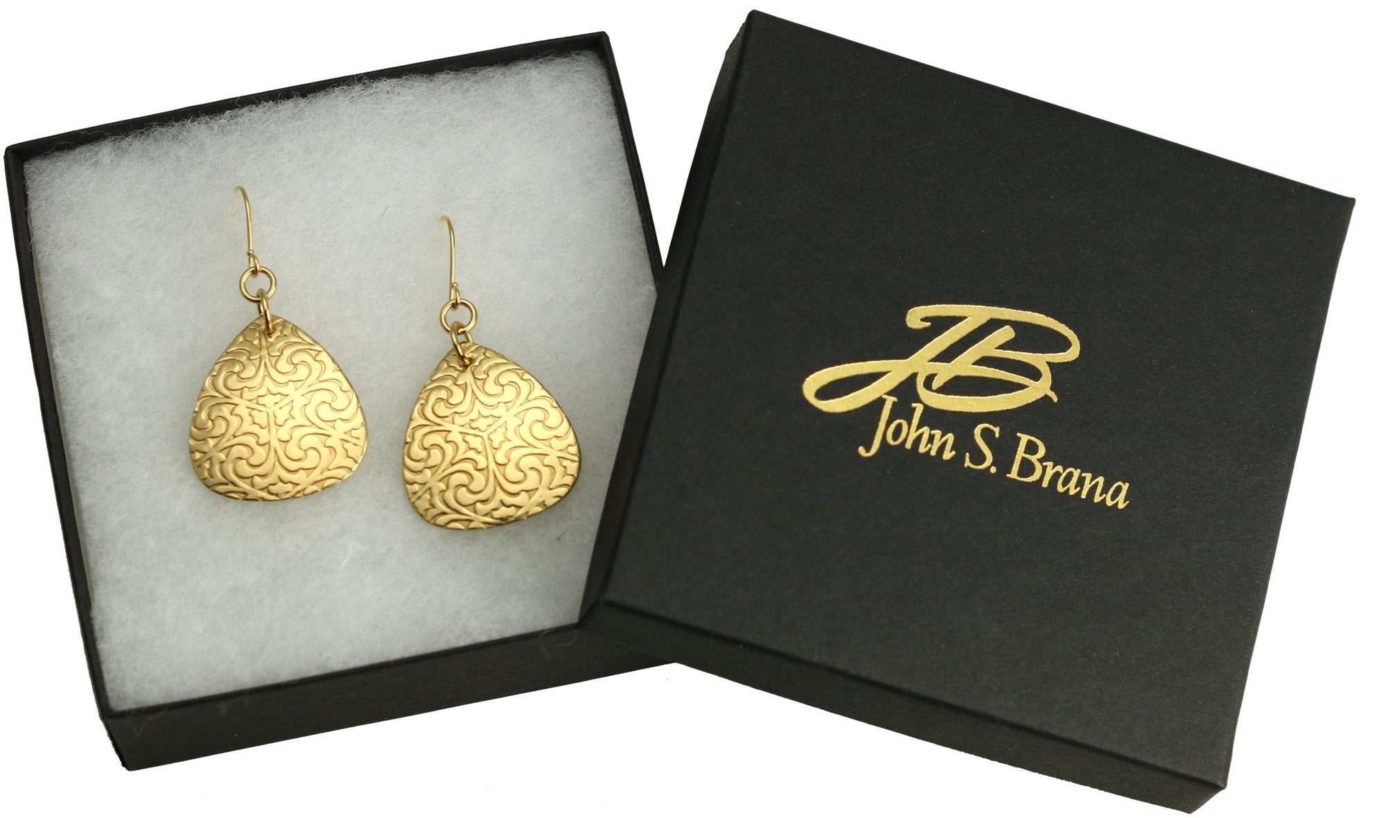 Damask Embossed Nu Gold Triangular Drop Earrings in Gift Box