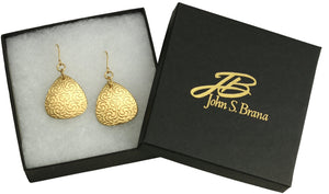 6 of 6: Damask Embossed Nu Gold Triangular Drop Earrings in Gift Box