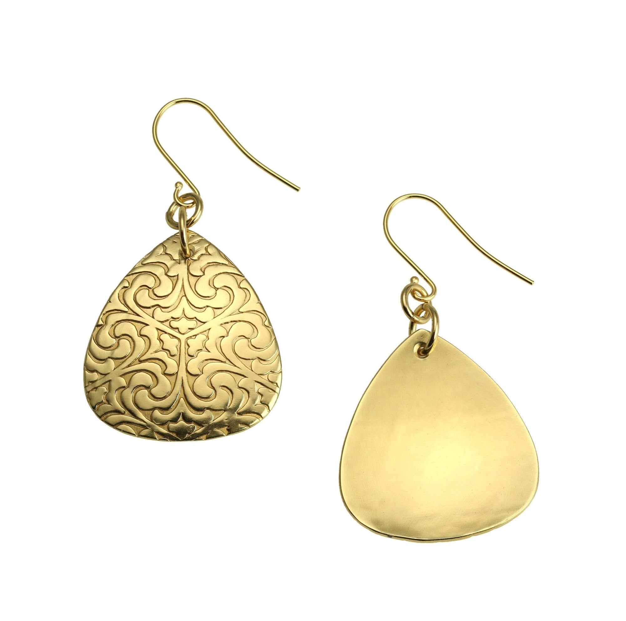 Front and Back Views of Damask Embossed Nu Gold Triangular Drop Earrings