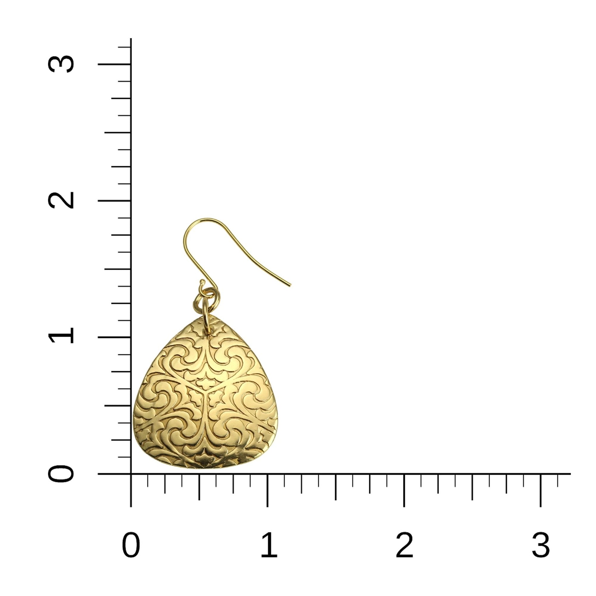 Scale of Damask Embossed Nu Gold Triangular Drop Earrings on Ruler for Size Dimensions