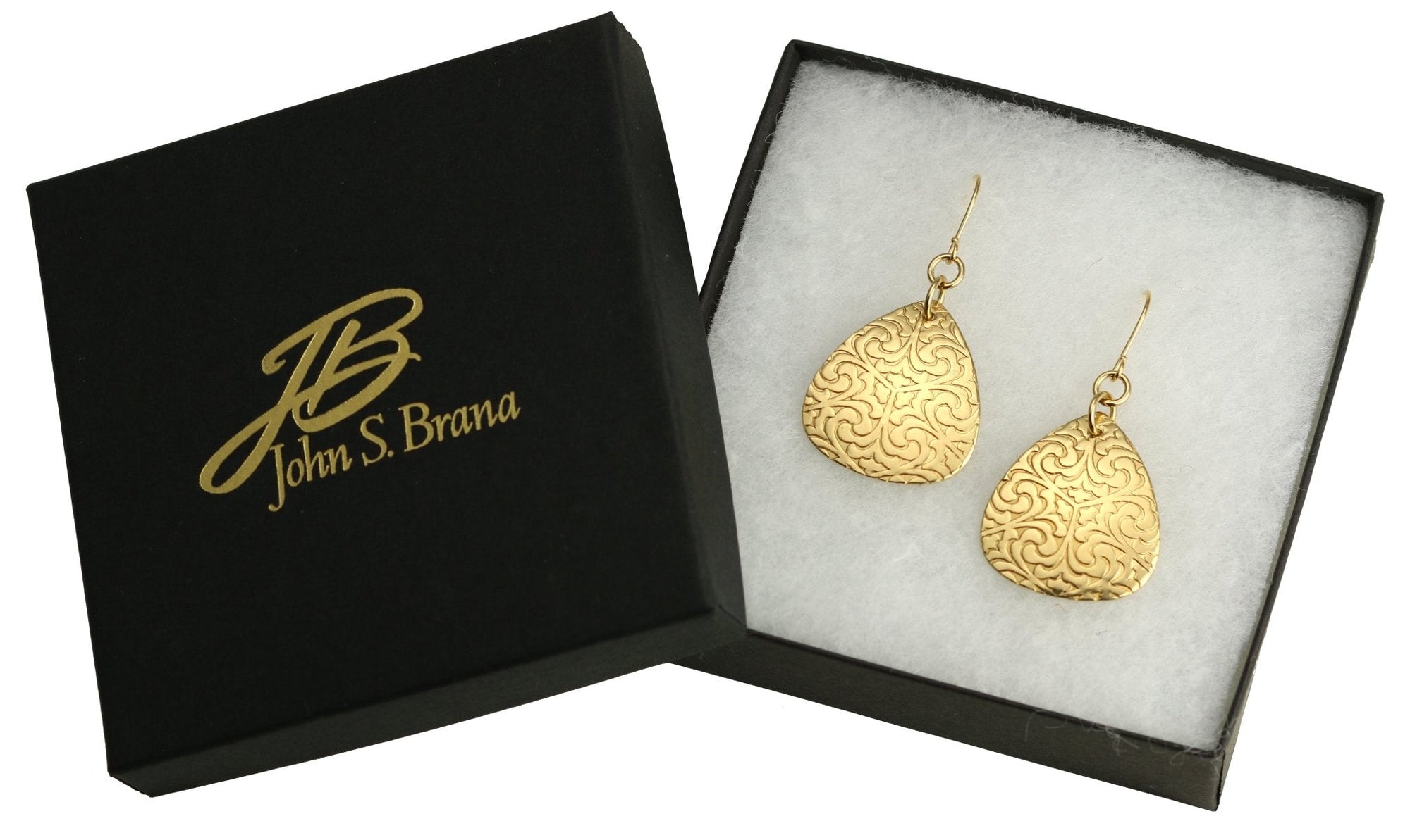 Gift Boxed Damask Embossed Nu Gold Triangular Drop Earrings