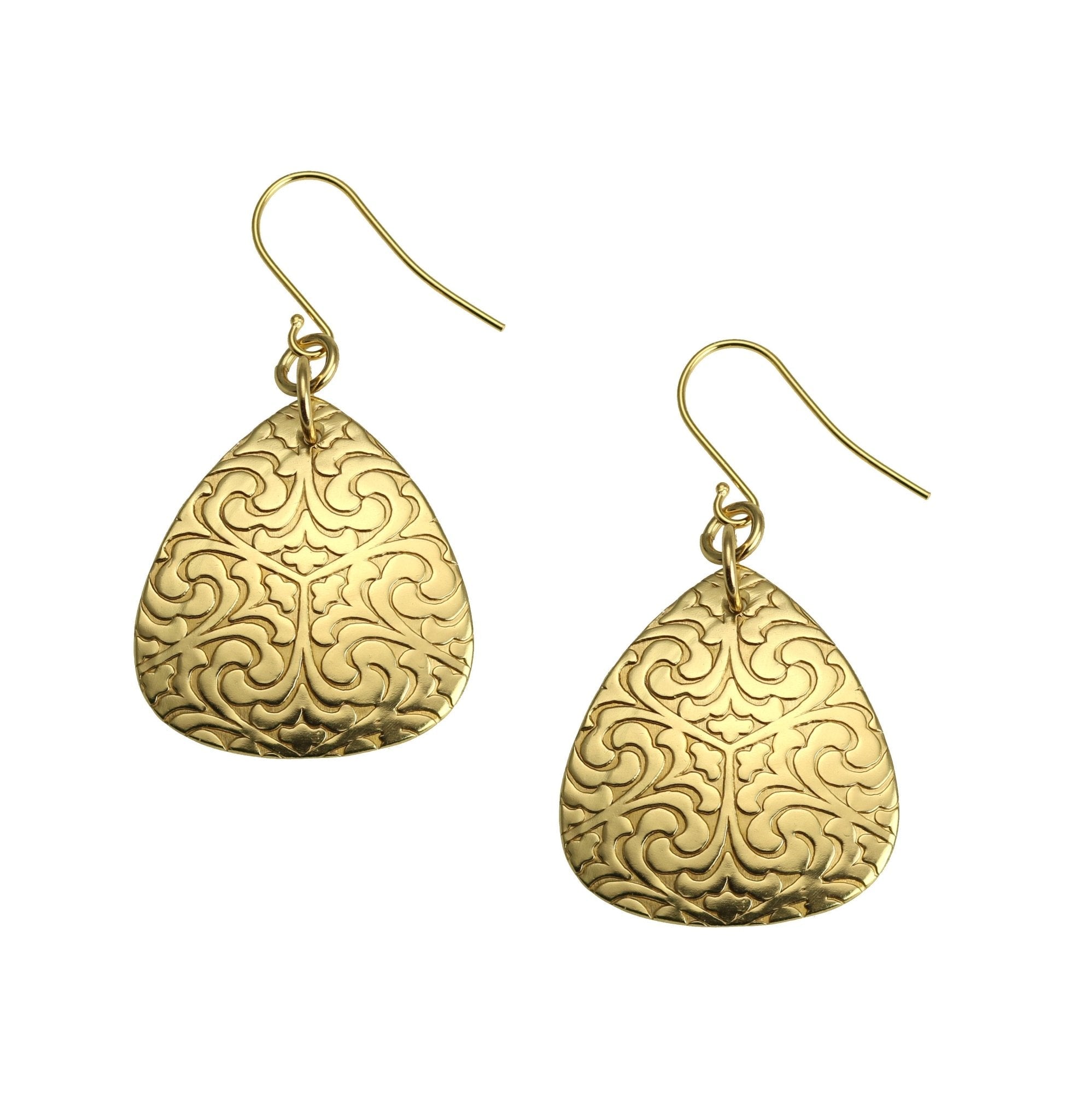 A Pair of Damask Embossed Brass Nu Gold Triangular Drop Earrings on a White Background