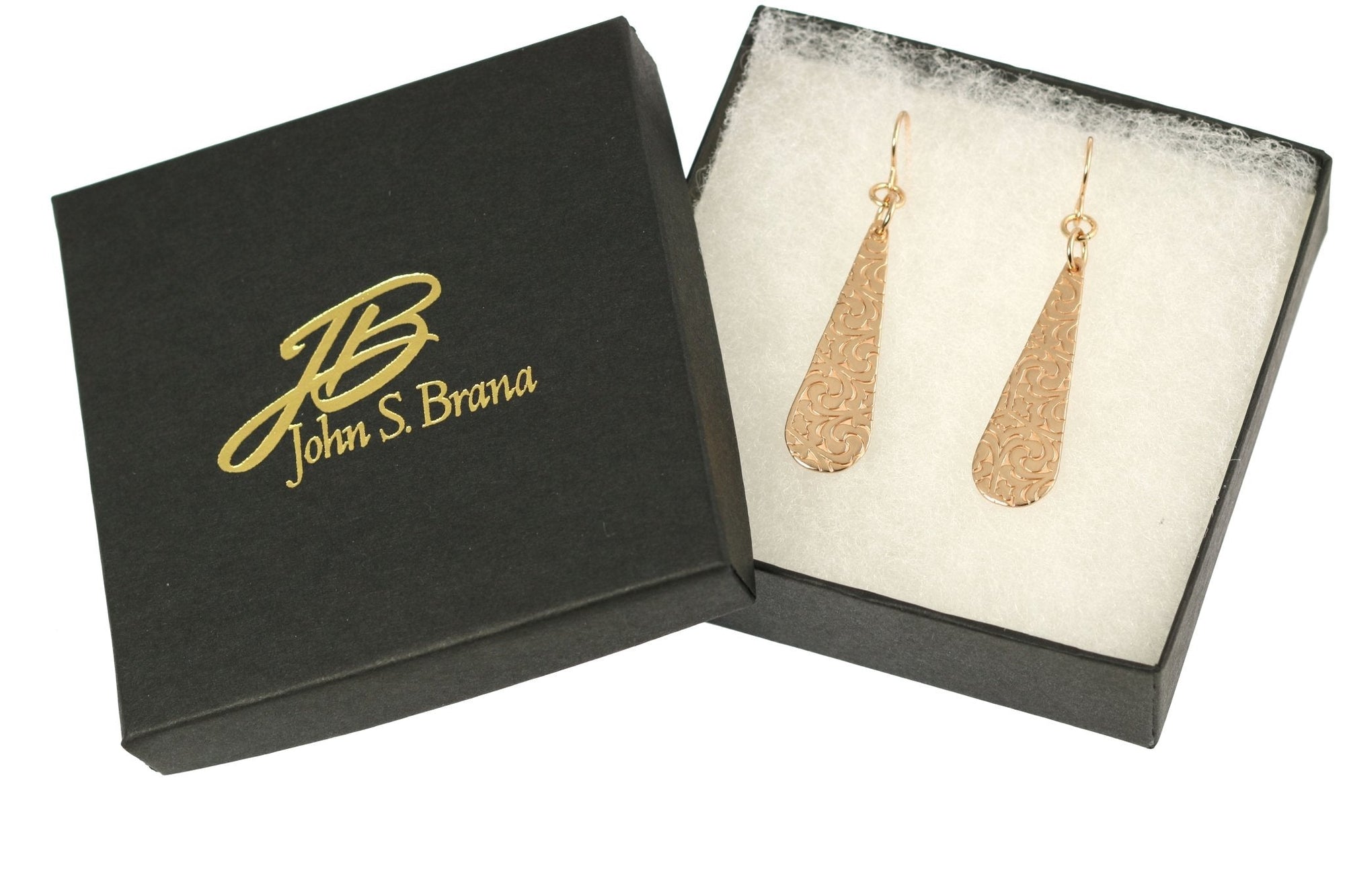 Gift Boxed Damask Embossed Bronze Long Teardrop Earrings
