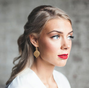 5 of 6: Damask Embossed Bronze Marrakesh Earrings on Female Model