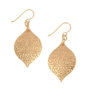 1 of 6: A Pair of Damask Embossed Bronze Marrakesh  Drop Earrings on a White Background