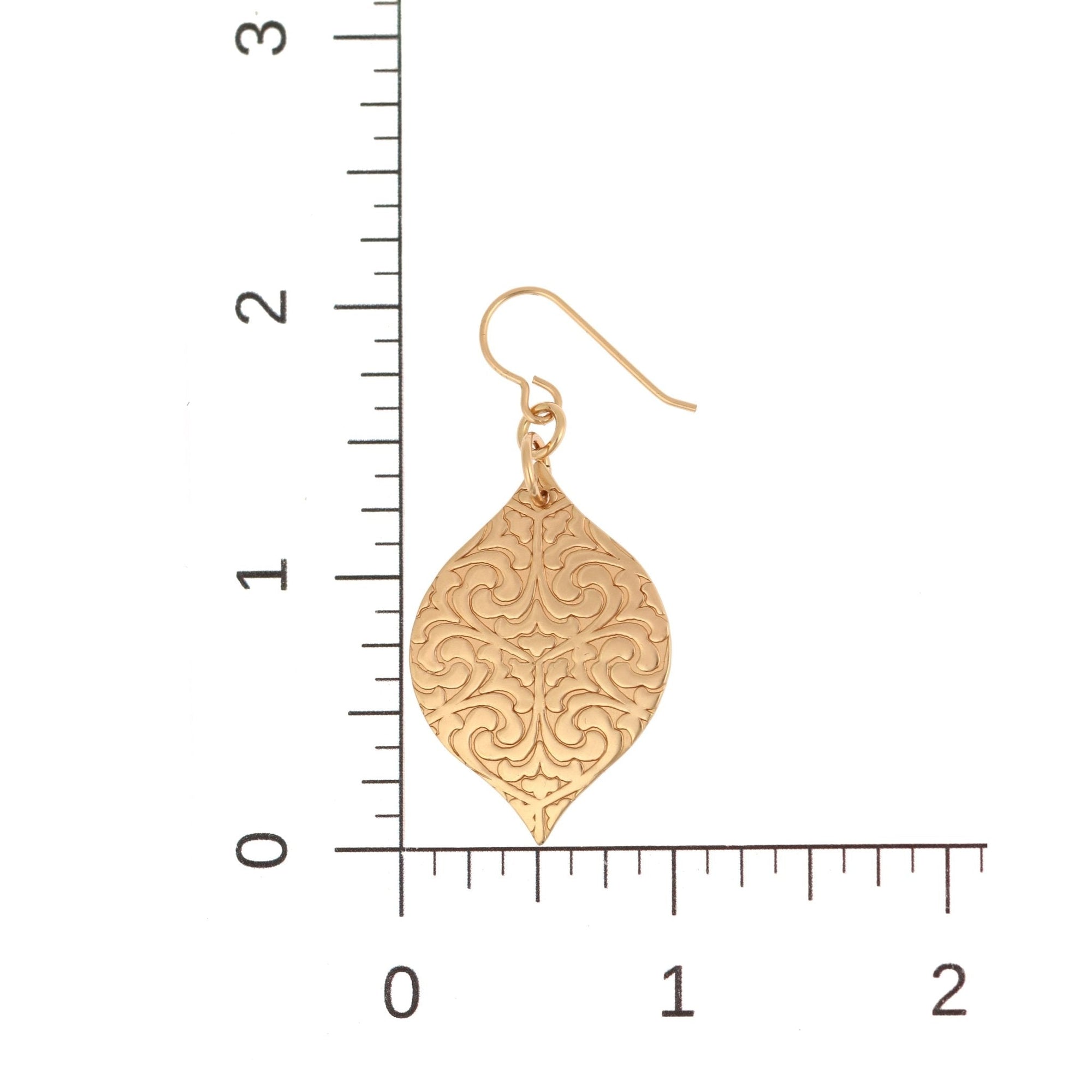Scale of Damask Embossed Bronze Marrakesh  Drop Earrings on a Ruler for Size Dimensions