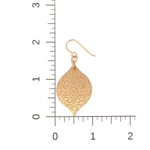 2 of 6: Scale of Damask Embossed Bronze Marrakesh  Drop Earrings on a Ruler for Size Dimensions