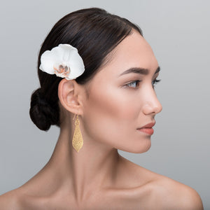 2 of 6: Damask Embossed Bronze Marrakesh Earrings on Female Model