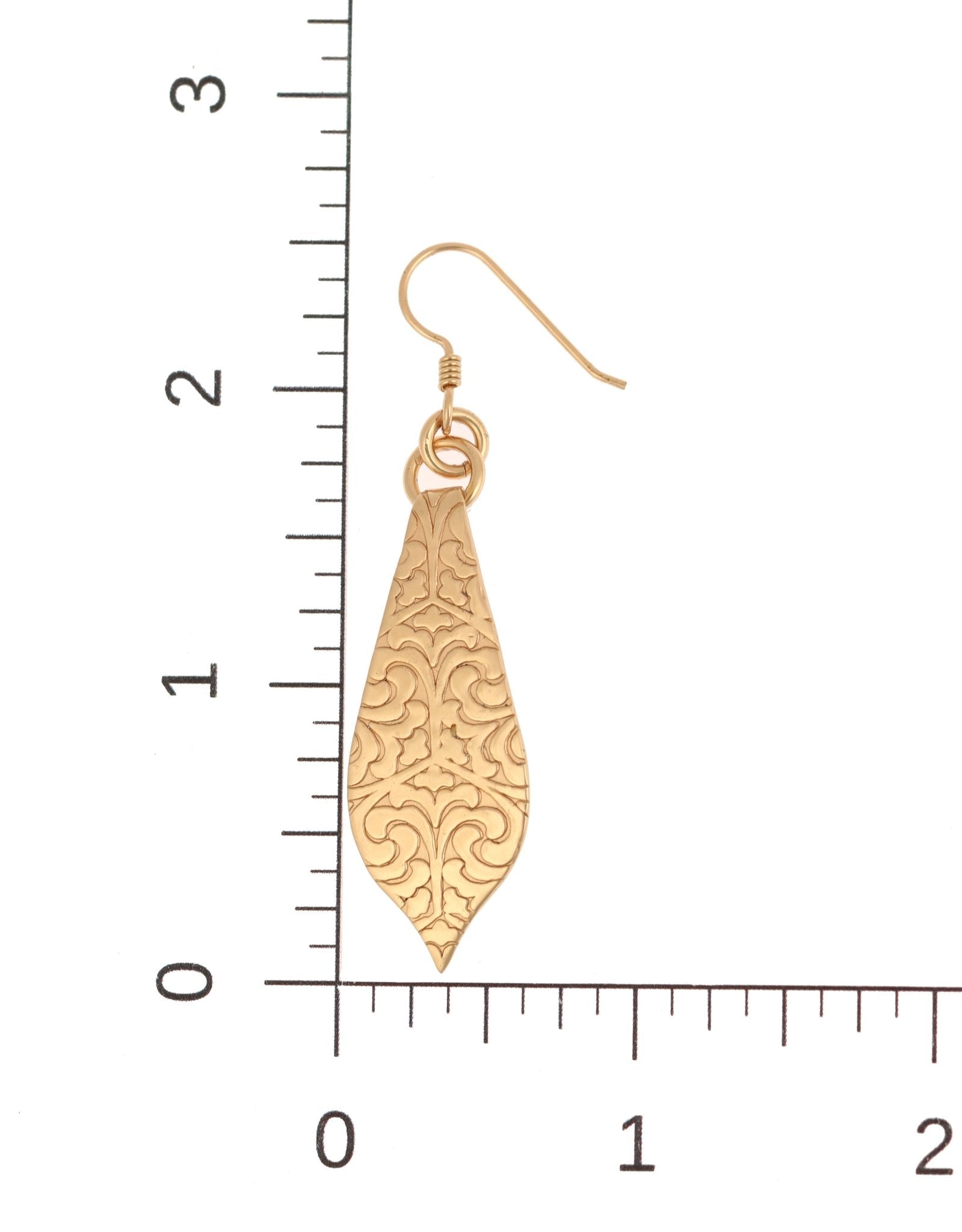 Scale of Damask Embossed Bronze Marrakesh Teardrop Earrings on Ruler for Size Dimensions