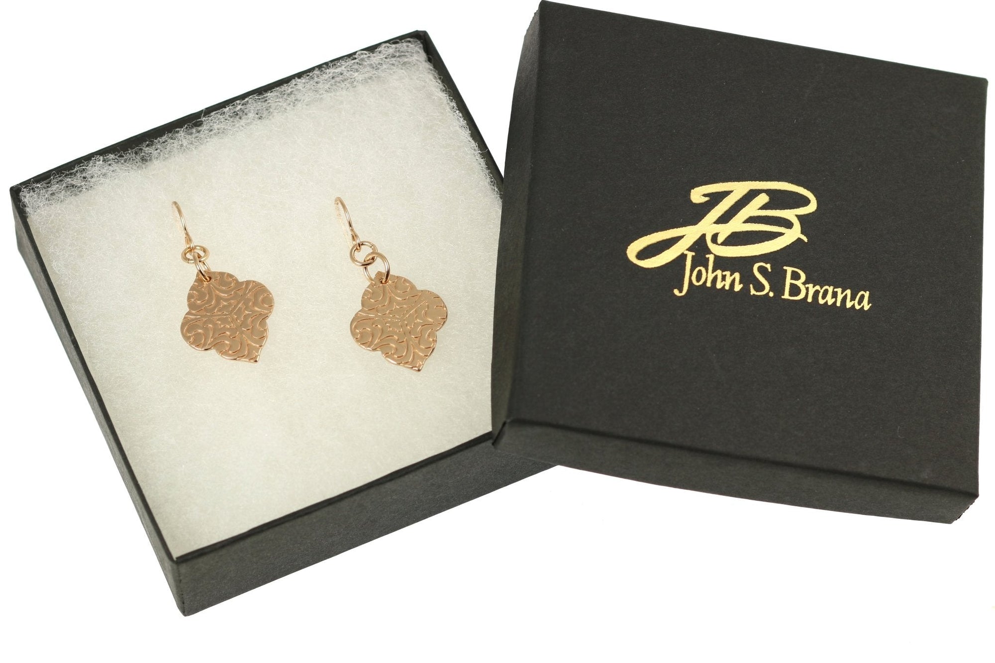Gift Boxed Damask Embossed Bronze Quatrefoil Drop Earrings