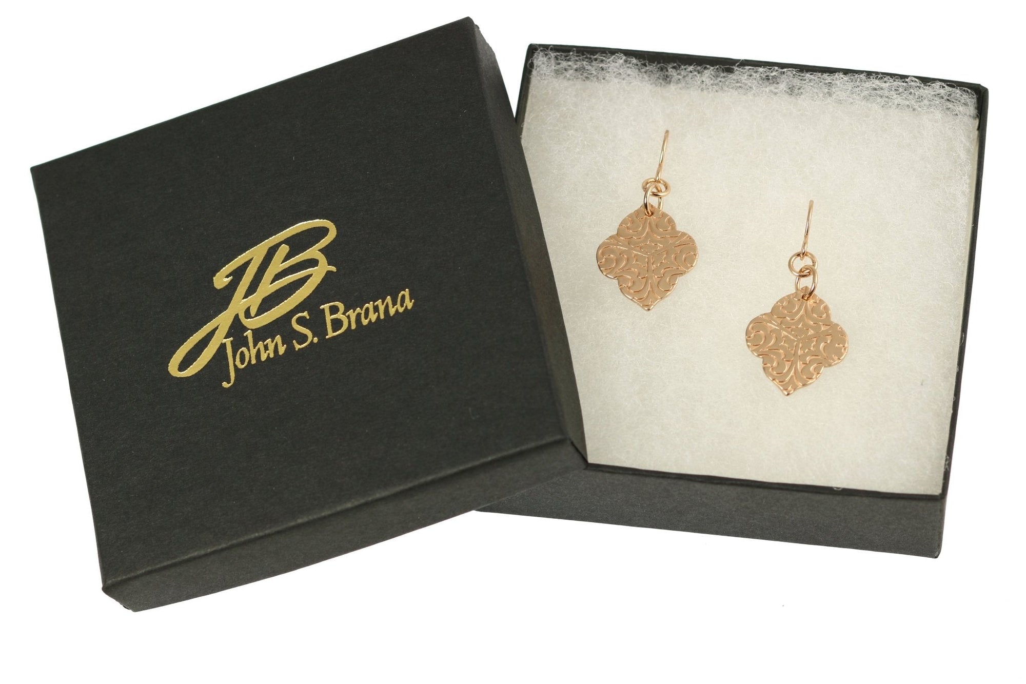 Damask Embossed Bronze Quatrefoil Drop Earrings in Gift Box