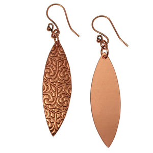 3 of 6: Front and Back Views of Damask Embossed Copper Marquise Drop Earrings
