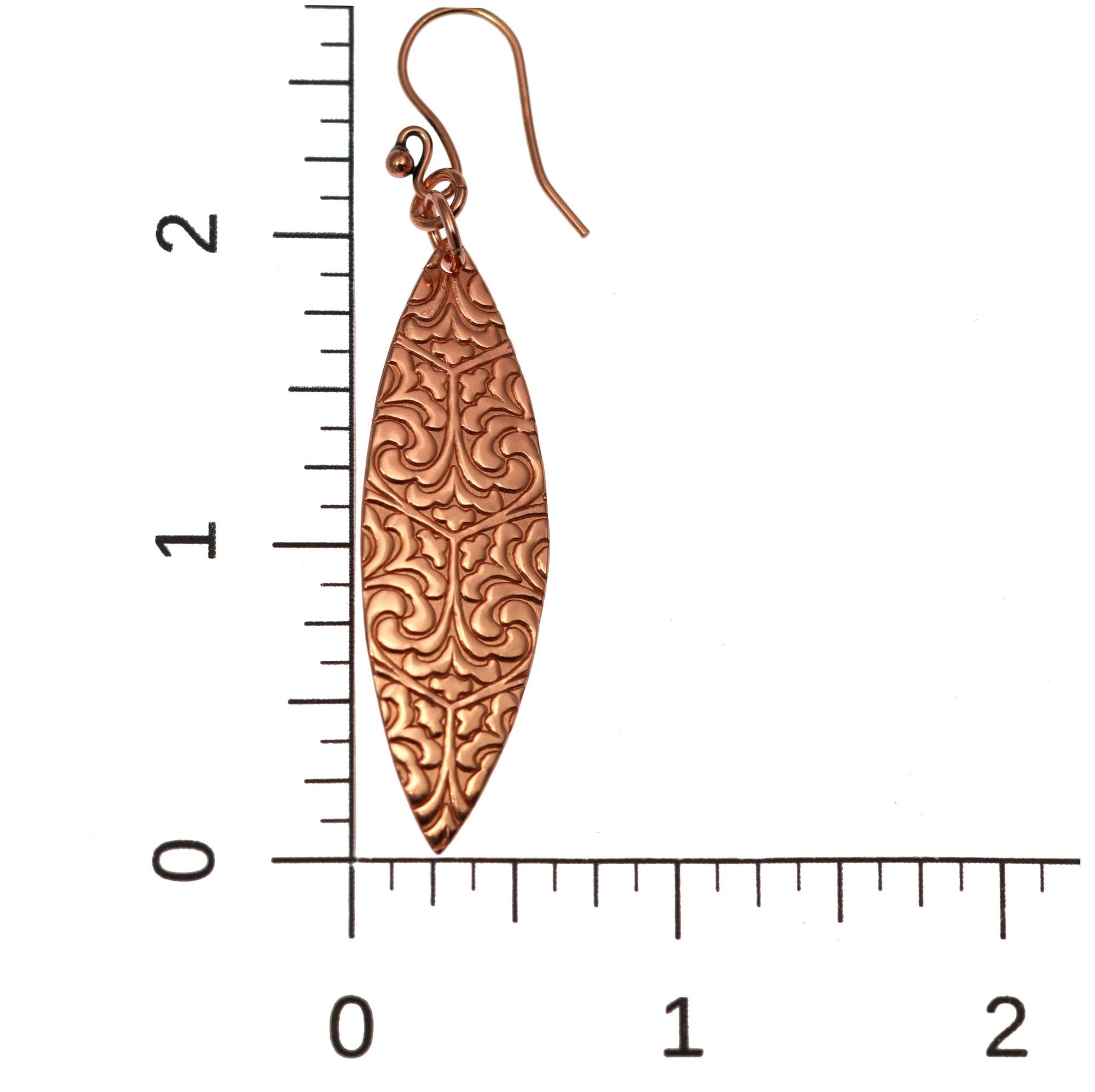 Scale of Damask Embossed Copper Marquise Drop Earrings on Ruler for Size Dimensions
