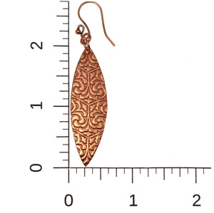 4 of 6: Scale of Damask Embossed Copper Marquise Drop Earrings on Ruler for Size Dimensions