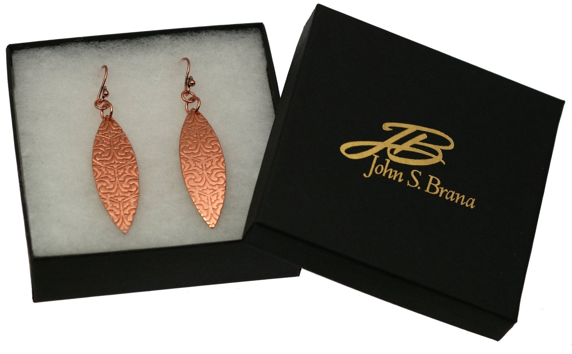 Gift Boxed Damask Embossed Copper Marquise Drop Earrings