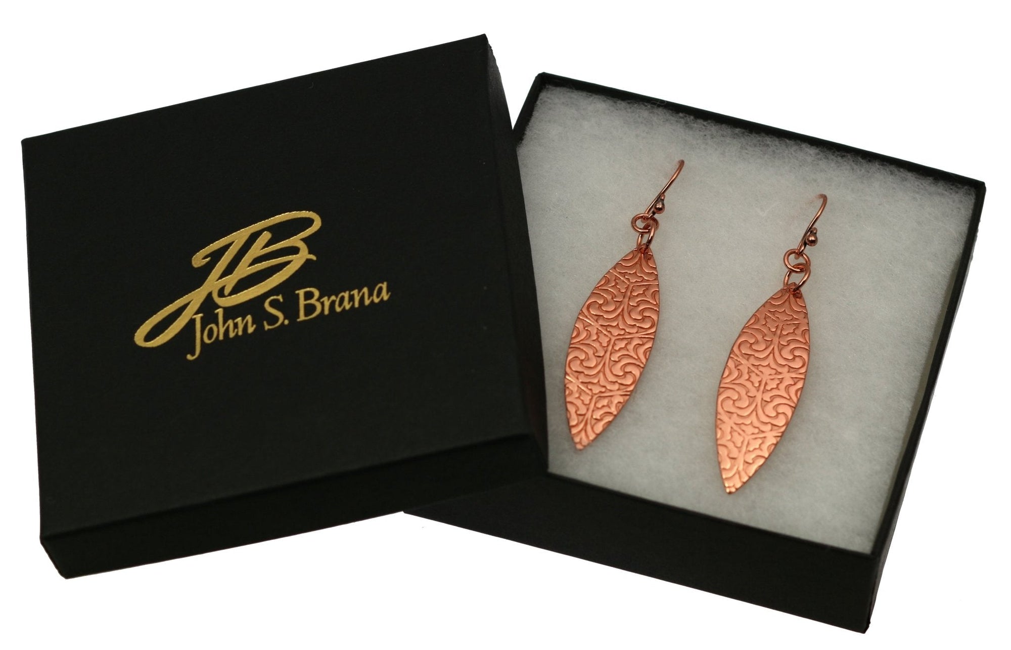 Damask Embossed Copper Marquise Drop Earrings in Gift Box