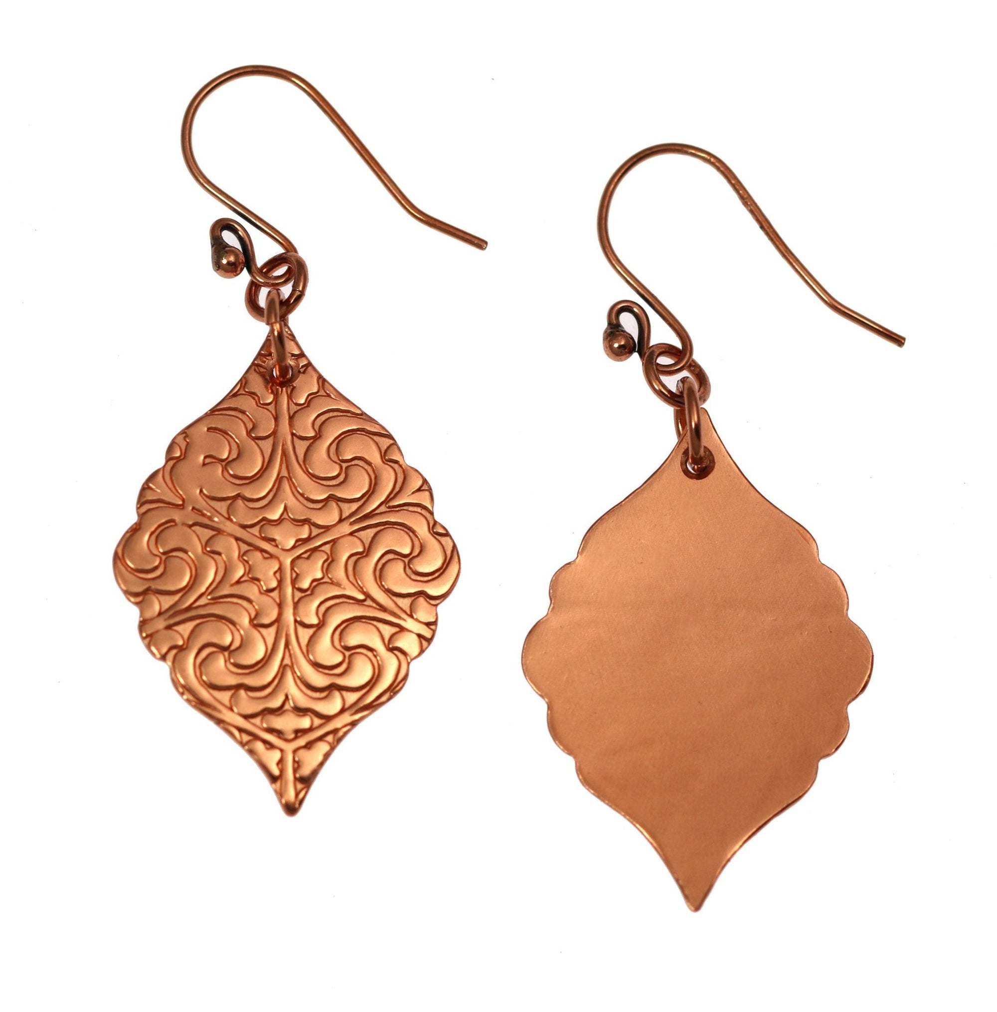 Front and Back Views of Damask Embossed Copper Moroccan Drop Earrings