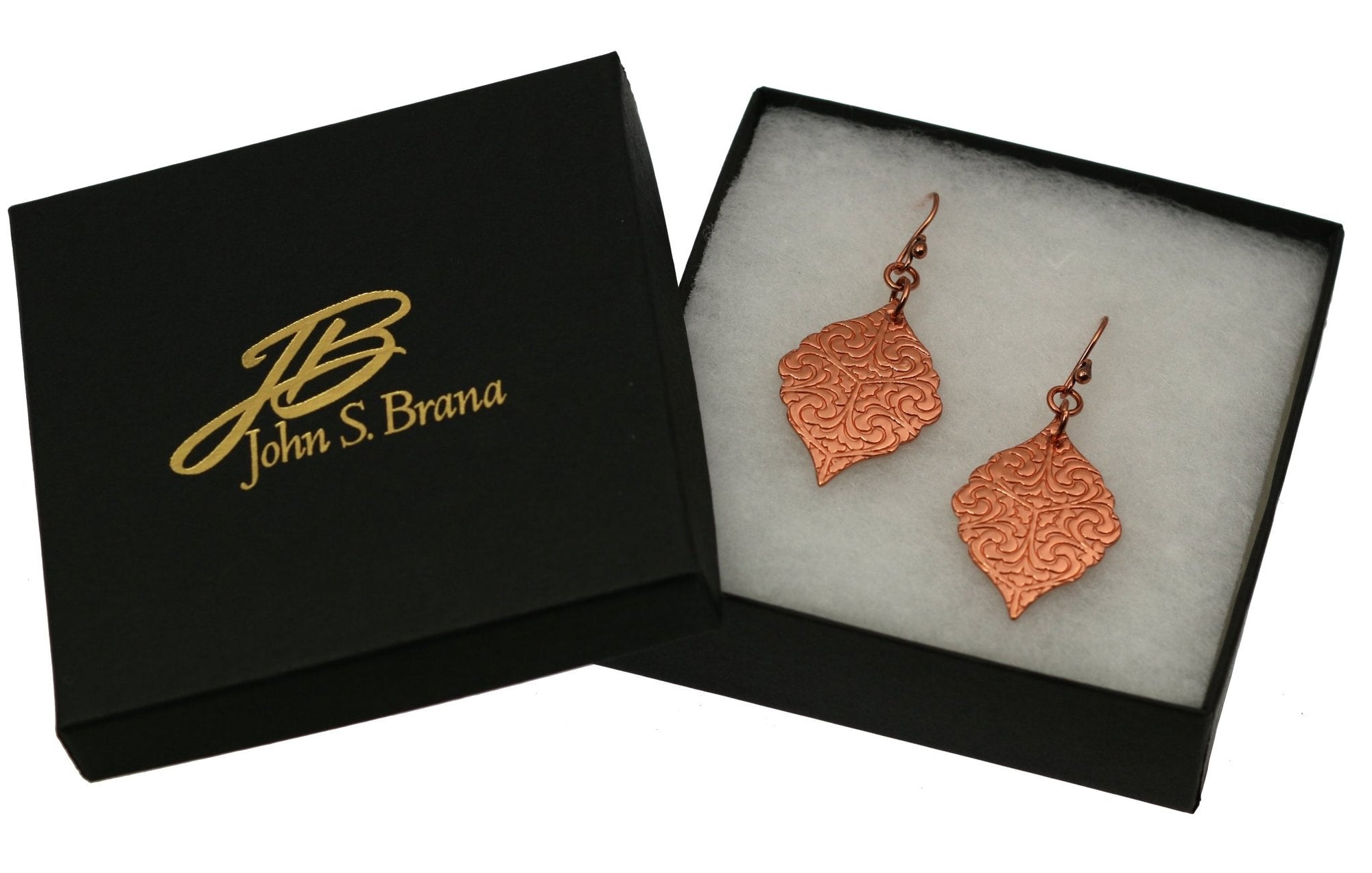 Gift Boxed Damask Embossed Copper Moroccan Drop Earrings