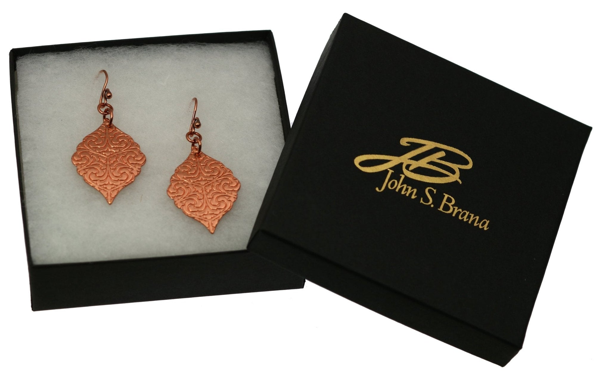 Damask Embossed Copper Moroccan Drop Earrings in Gift Box