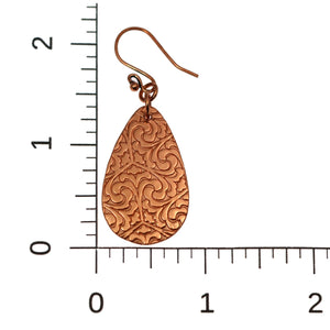 4 of 6: Scale of Damask Embossed Copper Teardrop Earrings