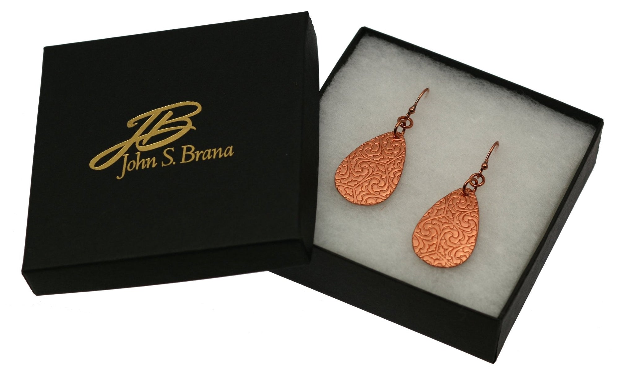 Gift Boxed Damask Embossed Copper Teardrop Earrings