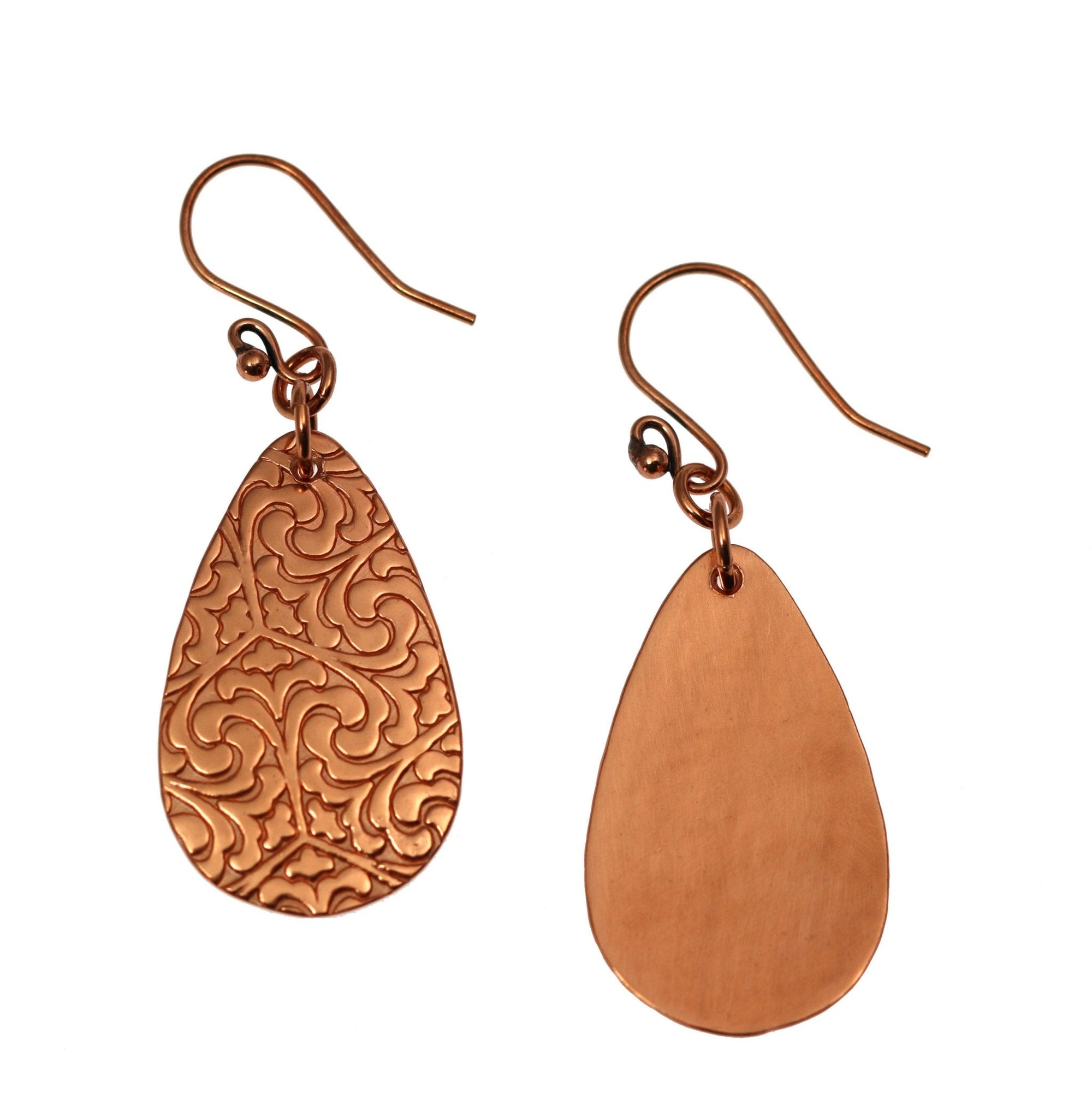 Detail View of Damask Embossed Copper Teardrop Earrings