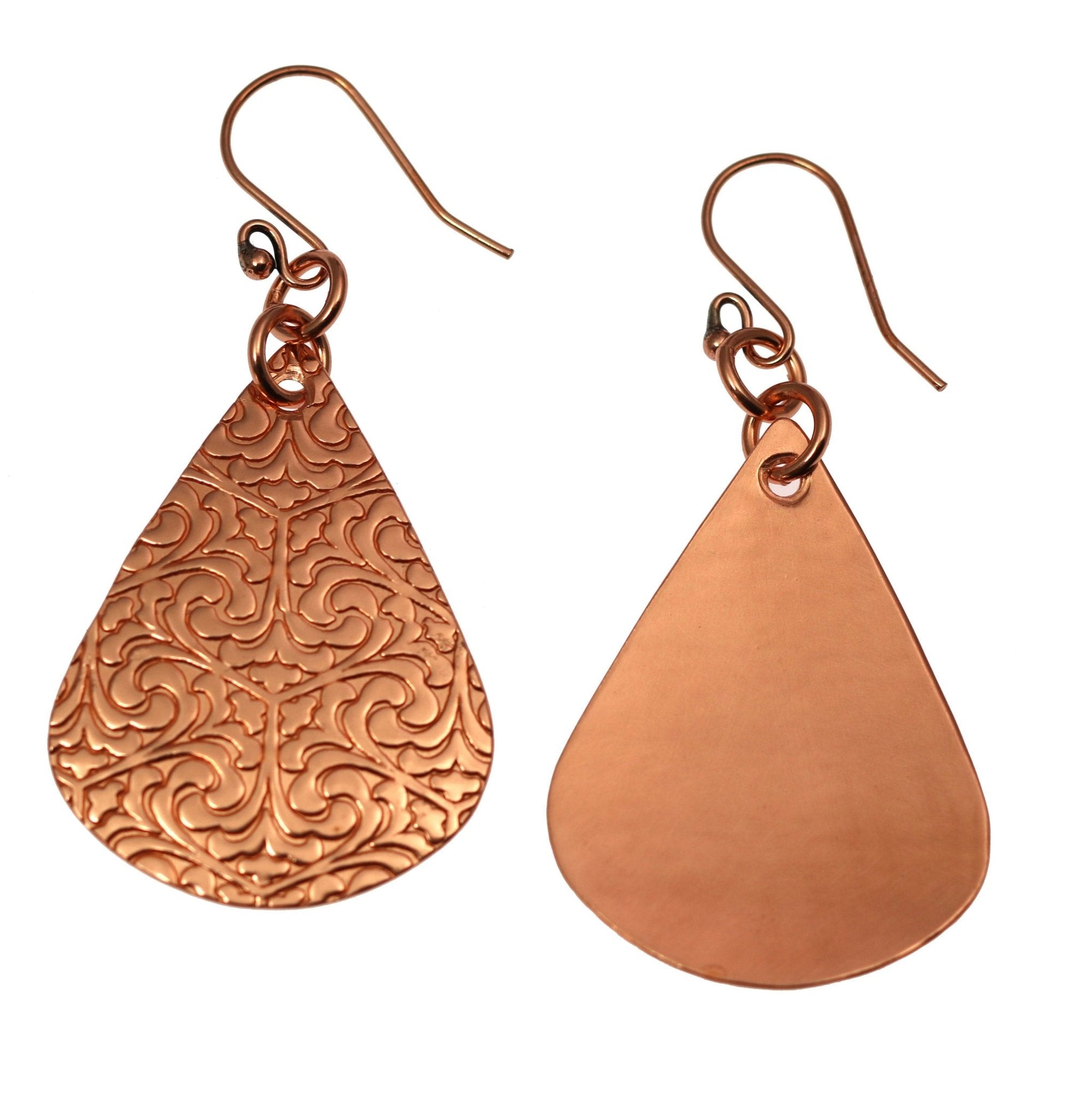 Detail View of Damask Embossed Copper Teardrop Earrings